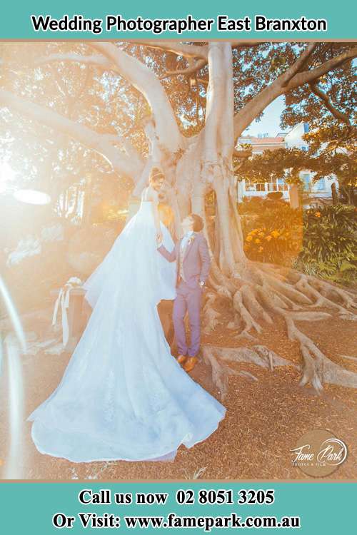 Photo of the Bride and the Groom looking at each other besides a tree East Branxton NSW 2335